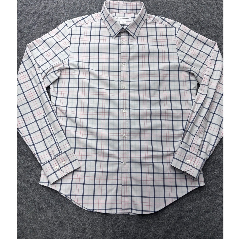 Mizzen + Main Mens Trim Fit No Tuck Performance Dress Shirt White Navy Red M